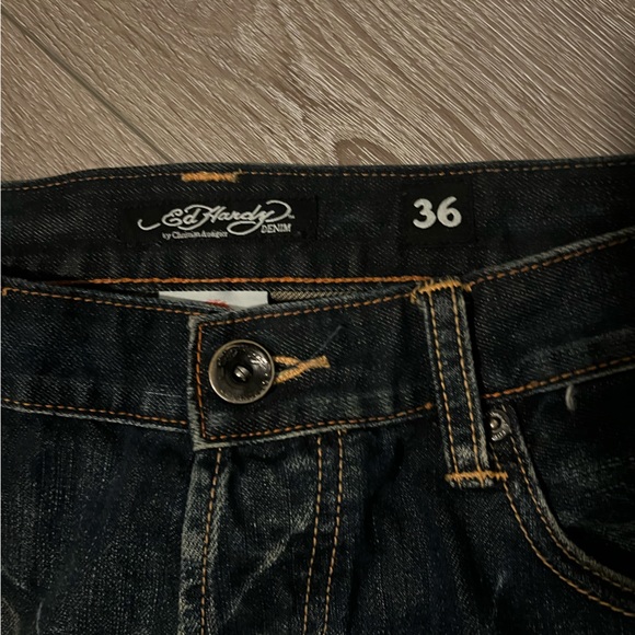 Vintage Ed Hardy Washed Denim Baggy Jeans Big Logo Back Rare Y2K rhinestone - Picture 4 of 6